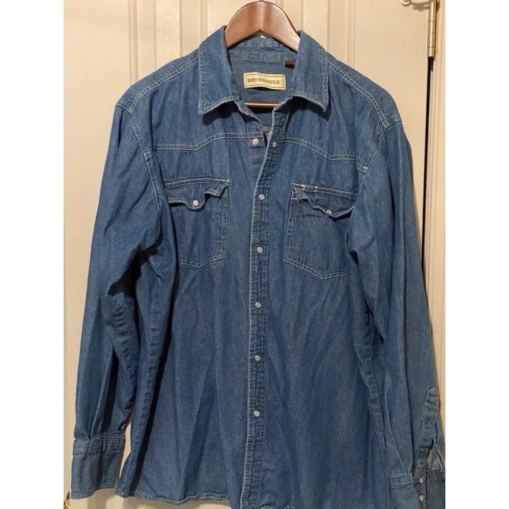 Bit & Bridle Blue Denim Long Sleeve Pearl Snap Down Men's XXL - Picture 3 of 6